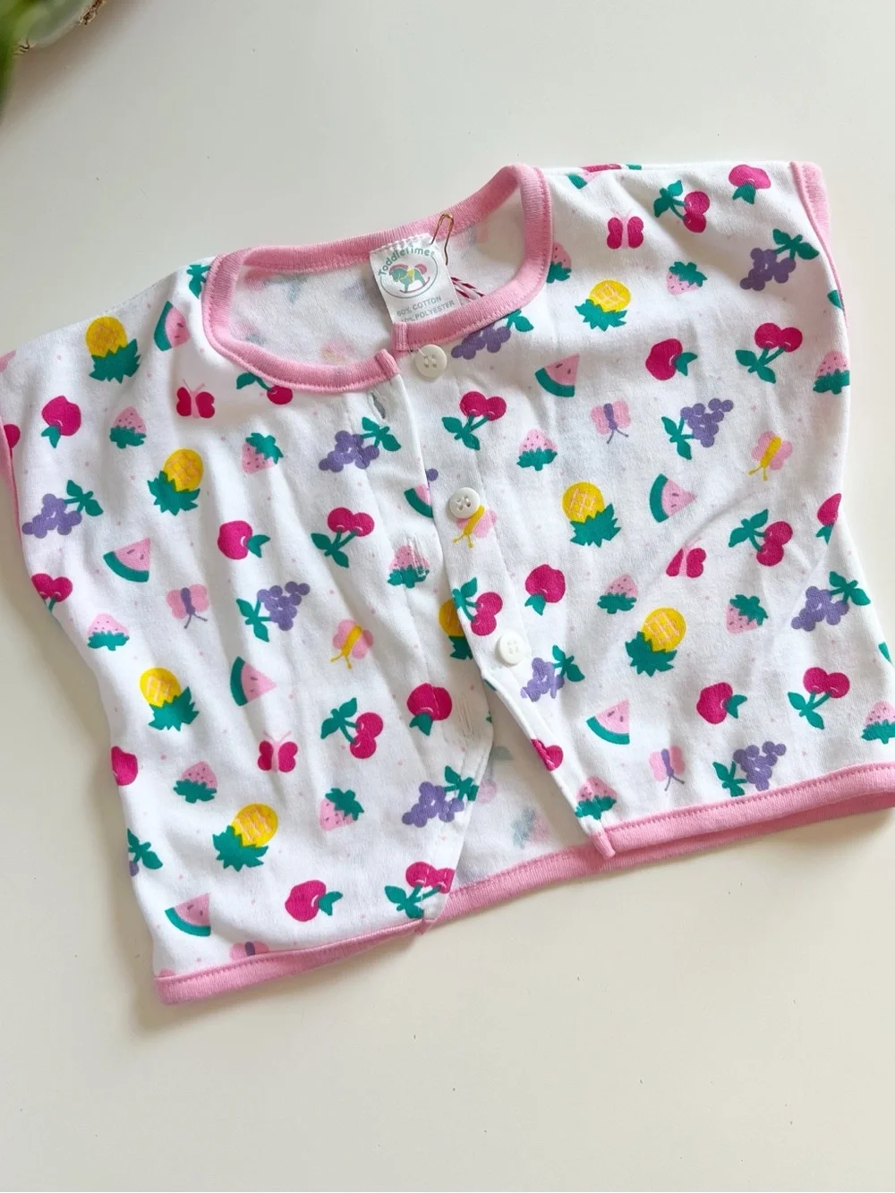 Vintage Toddletime Fruit Overall Bubble Romper & Cardigan 2 Piece Set | 6-9m